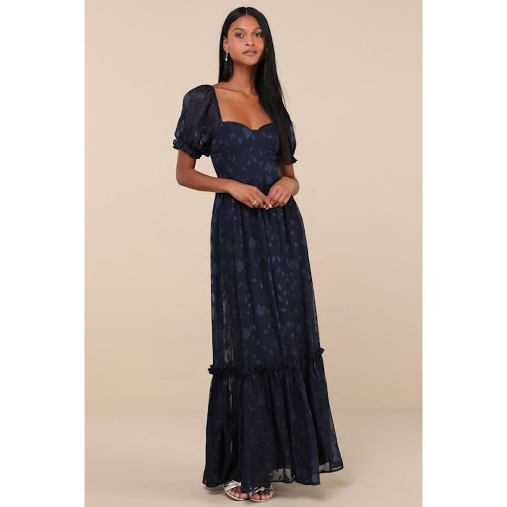 Lulus Phenomenal Sweetness Navy Floral Burnout Bustier Maxi Dress Blue - Size XS